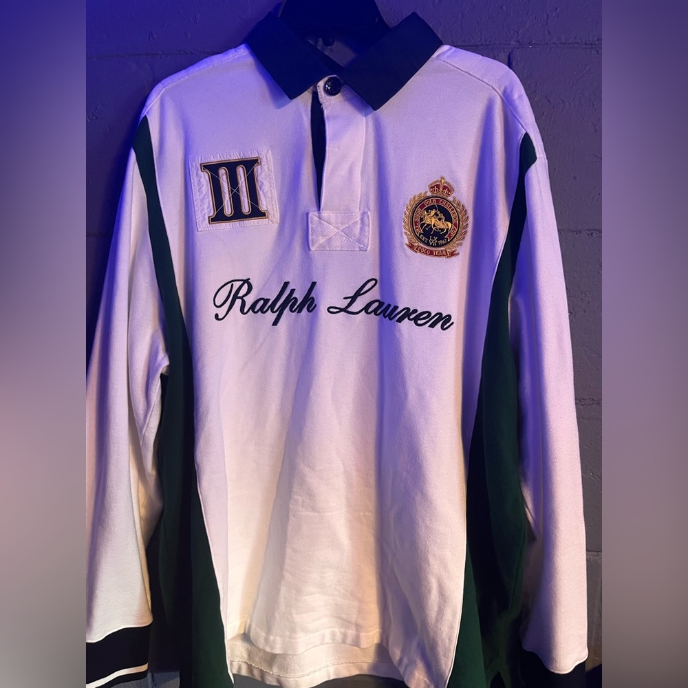 Ralph Lauren White and Green Long Sleeve Polo